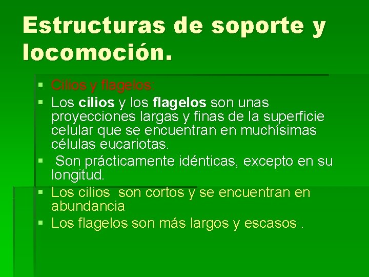 Estructuras de soporte y locomoción. § Cilios y flagelos: § Los cilios y los