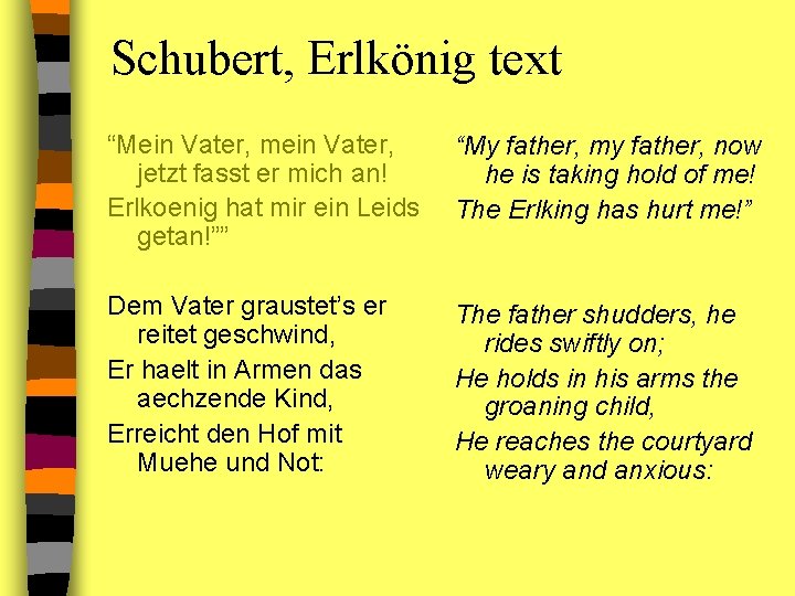 Schubert, Erlkönig text “Mein Vater, mein Vater, jetzt fasst er mich an! Erlkoenig hat