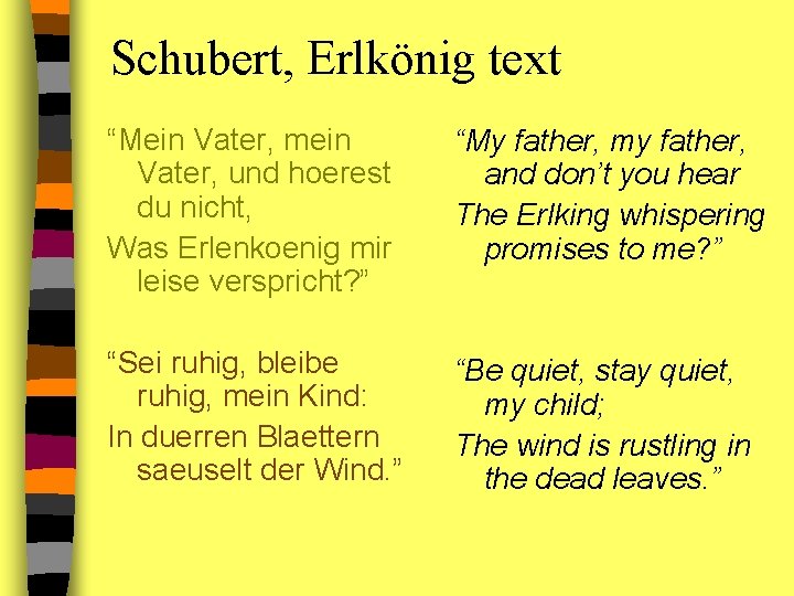 Schubert, Erlkönig text “Mein Vater, mein Vater, und hoerest du nicht, Was Erlenkoenig mir