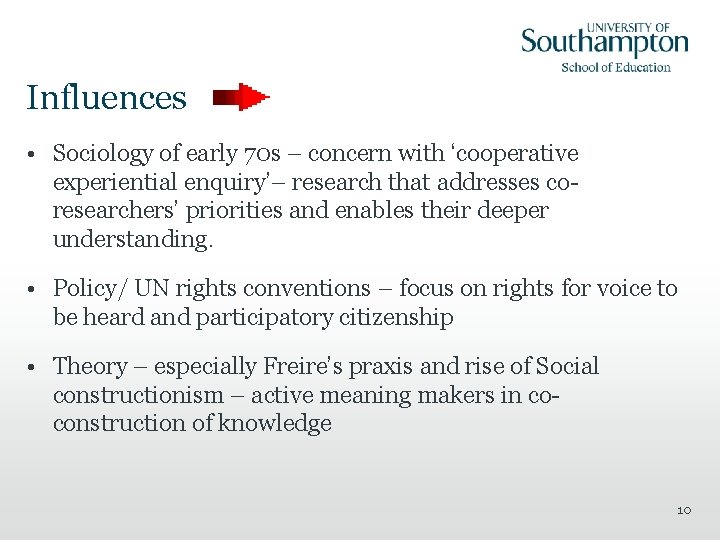 Influences • Sociology of early 70 s – concern with ‘cooperative experiential enquiry’– research