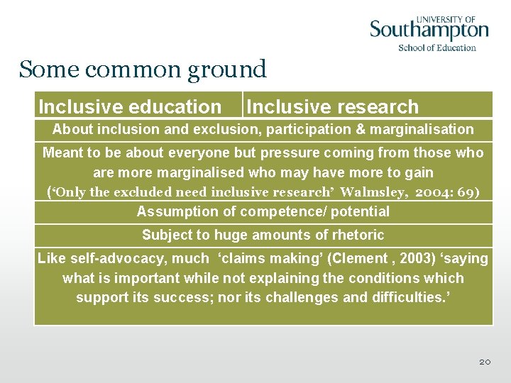 Some common ground Inclusive education Inclusive research About inclusion and exclusion, participation & marginalisation