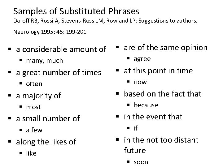 Samples of Substituted Phrases Daroff RB, Rossi A, Stevens-Ross LM, Rowland LP: Suggestions to