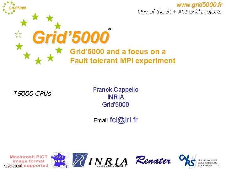 www. grid 5000. fr Grid’ 5000 One of the 30+ ACI Grid projects *