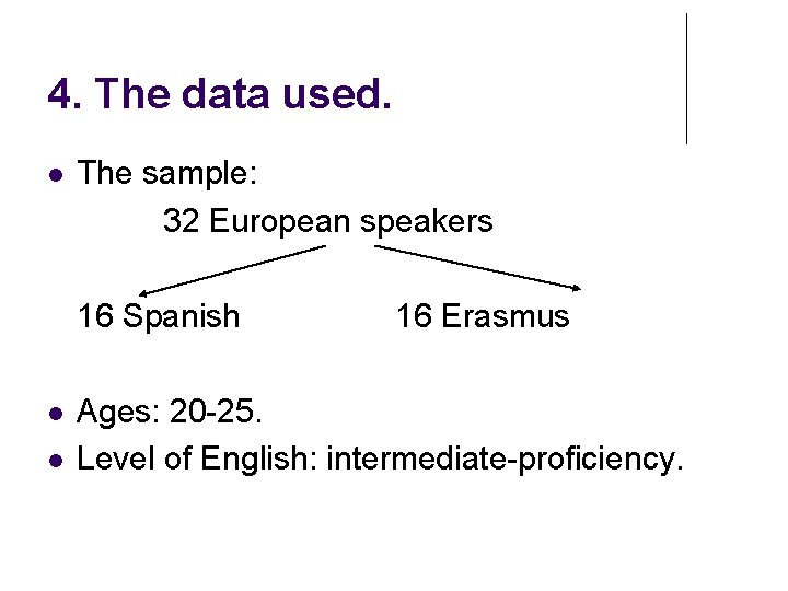 4. The data used. The sample: 32 European speakers 16 Spanish 16 Erasmus Ages: