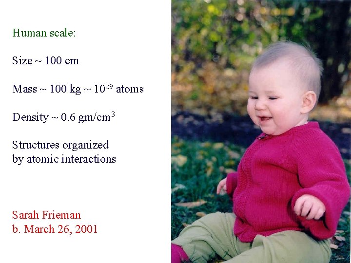 Human scale: Size ~ 100 cm Mass ~ 100 kg ~ 1029 atoms Density