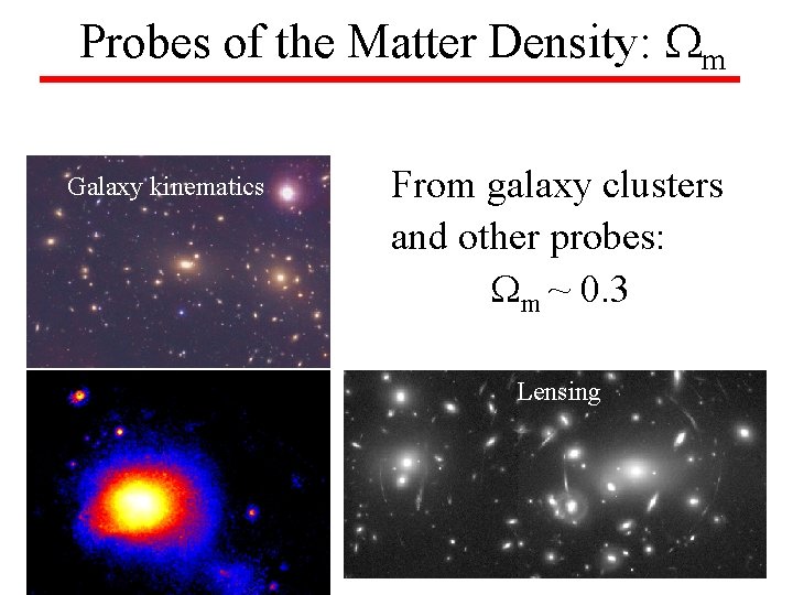 Probes of the Matter Density: m Current evidence: Galaxy kinematics From galaxy clusters and