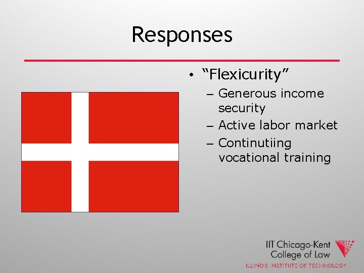 Responses • “Flexicurity” – Generous income security – Active labor market – Continutiing vocational