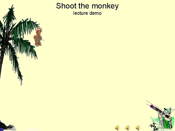 Shoot the monkey lecture demo Clicker question #5: The hunter aims right at the