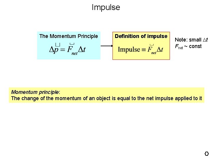 Impulse The Momentum Principle Definition of impulse Note: small t Fnet ~ const Momentum