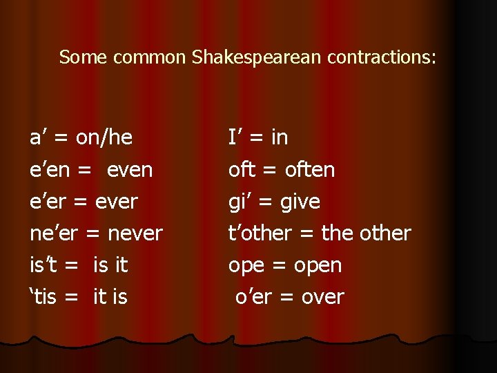 Some common Shakespearean contractions: a’ = on/he e’en = even e’er = ever ne’er