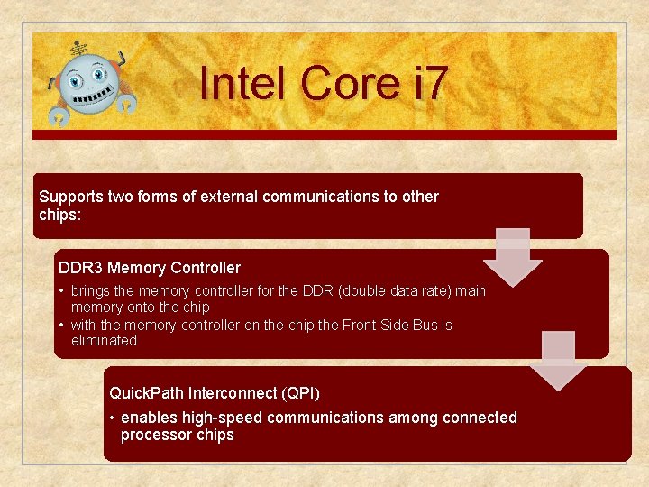 Intel Core i 7 Supports two forms of external communications to other chips: DDR