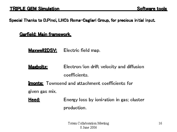 TRIPLE GEM Simulation Software tools Special Thanks to D. Pinci, LHCb Roma-Cagliari Group, for