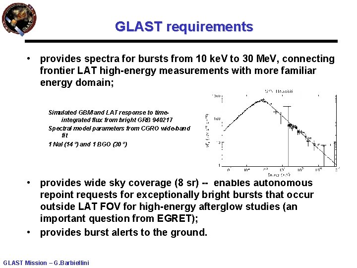 GLAST requirements • provides spectra for bursts from 10 ke. V to 30 Me.