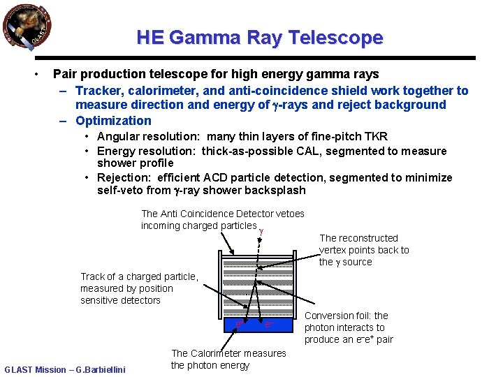 HE Gamma Ray Telescope • Pair production telescope for high energy gamma rays –