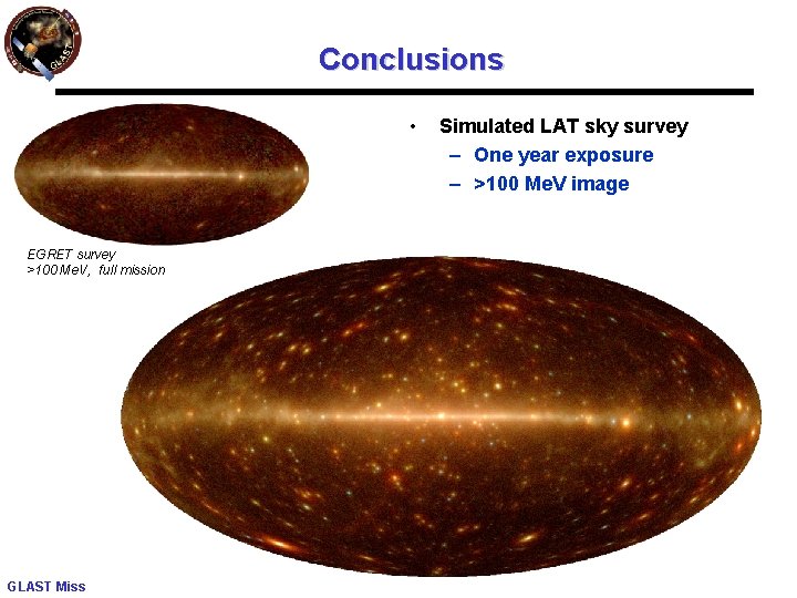 Conclusions • EGRET survey >100 Me. V, full mission GLAST Mission – G. Barbiellini