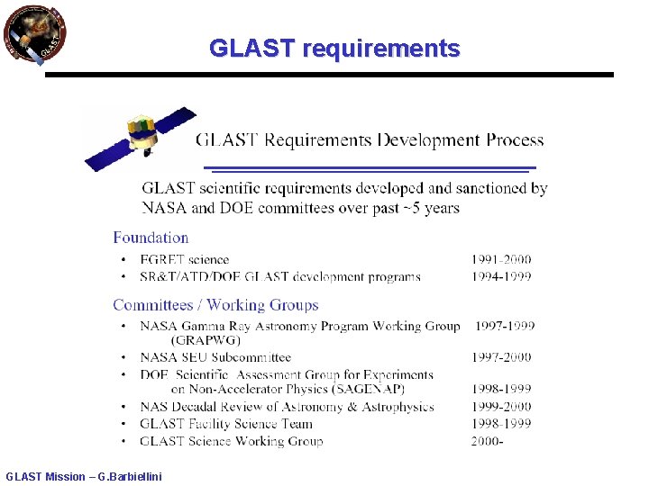 GLAST requirements GLAST Mission – G. Barbiellini 