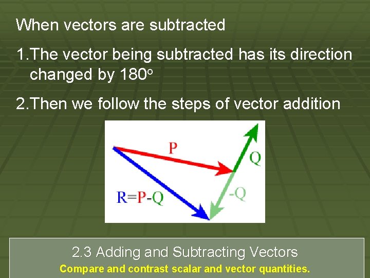 When vectors are subtracted 1. The vector being subtracted has its direction changed by