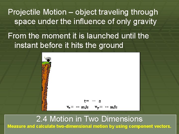 Projectile Motion – object traveling through space under the influence of only gravity From