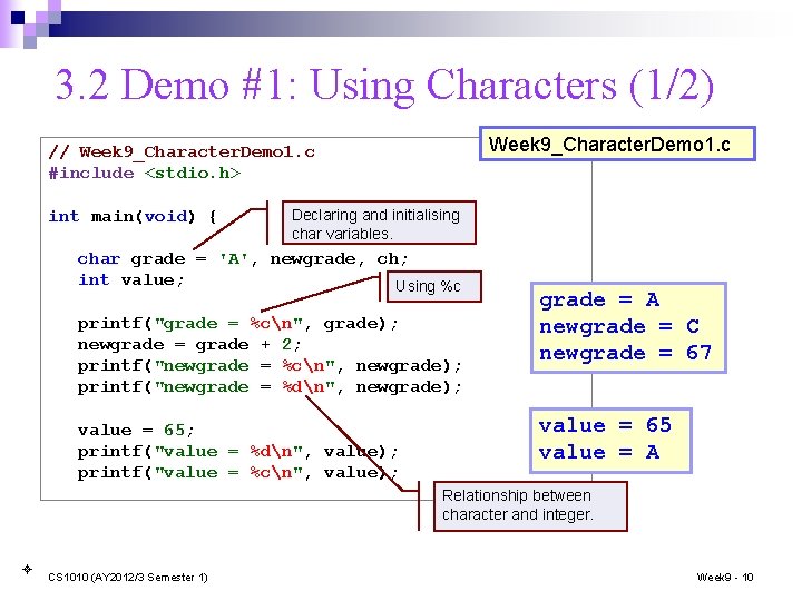 3. 2 Demo #1: Using Characters (1/2) Week 9_Character. Demo 1. c // Week