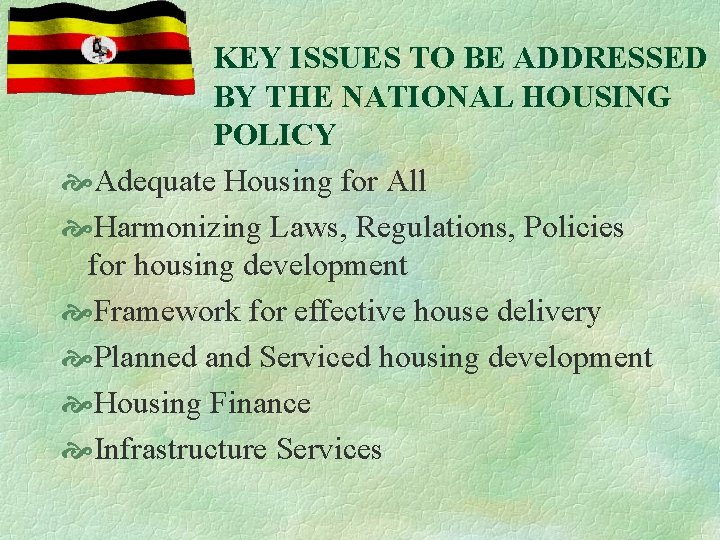 KEY ISSUES TO BE ADDRESSED BY THE NATIONAL HOUSING POLICY Adequate Housing for All