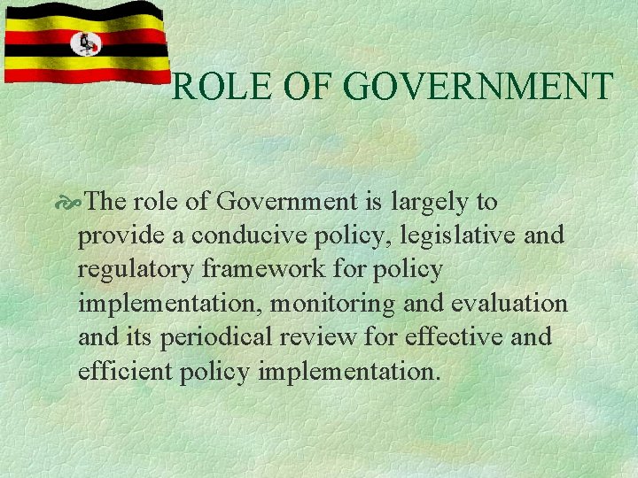 ROLE OF GOVERNMENT The role of Government is largely to provide a conducive policy,