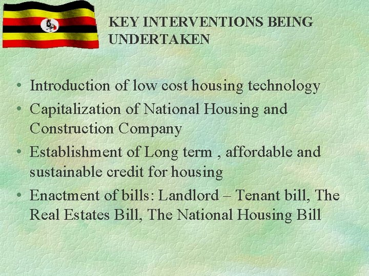 KEY INTERVENTIONS BEING UNDERTAKEN • Introduction of low cost housing technology • Capitalization of