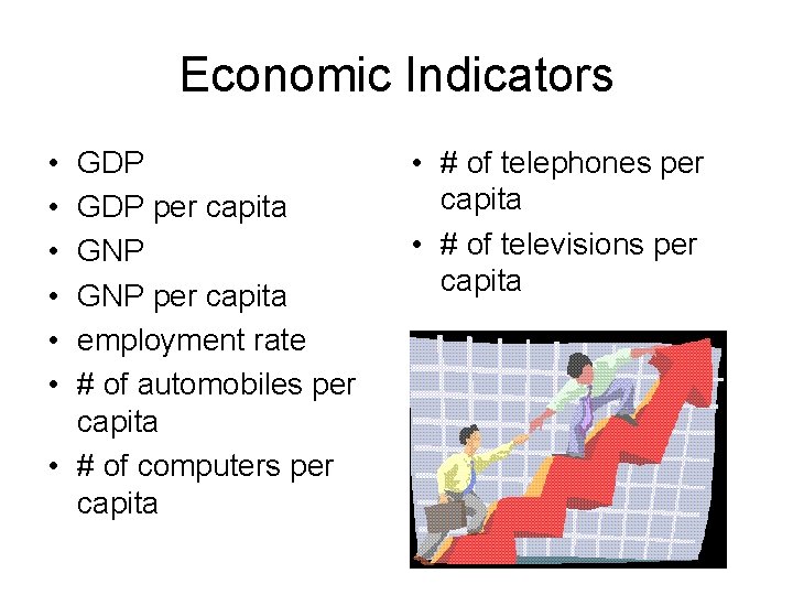 Economic Indicators • • • GDP per capita GNP per capita employment rate #