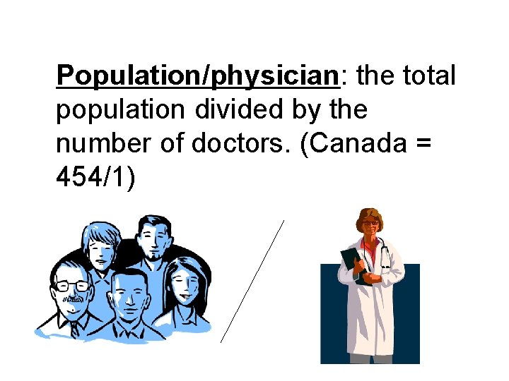 Population/physician: the total population divided by the number of doctors. (Canada = 454/1) 