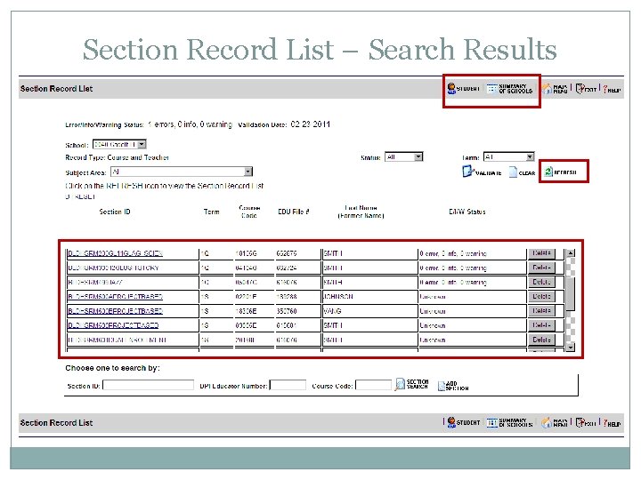 Section Record List – Search Results 