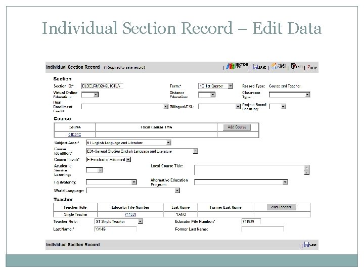 Individual Section Record – Edit Data 