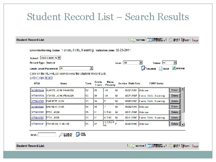 Student Record List – Search Results 