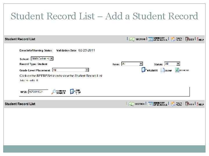 Student Record List – Add a Student Record 