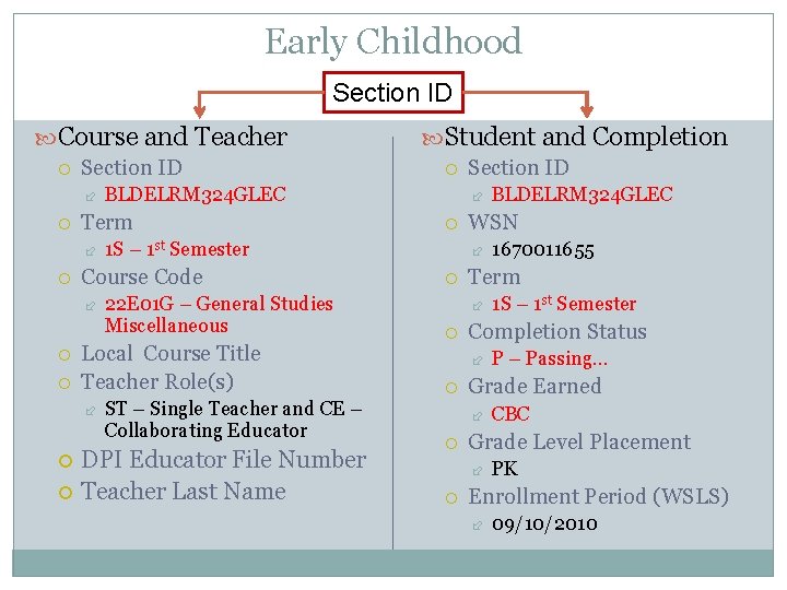 Early Childhood Section ID Course and Teacher Section ID 22 E 01 G –