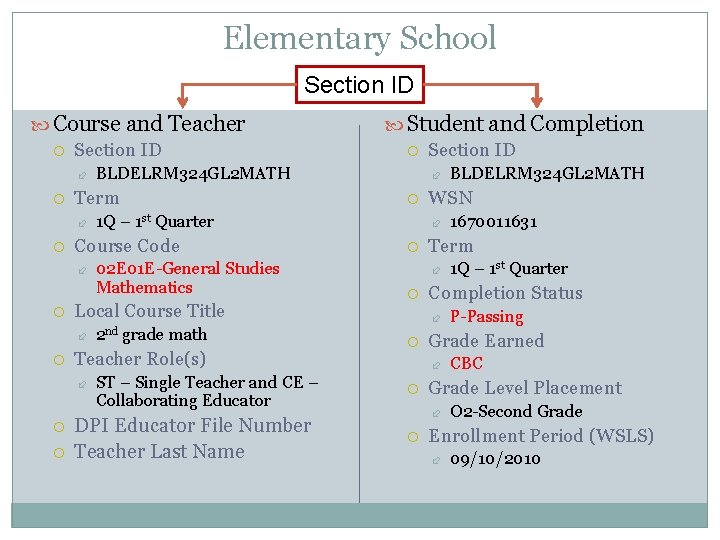 Elementary School Section ID Course and Teacher Section ID 02 E 01 E-General Studies