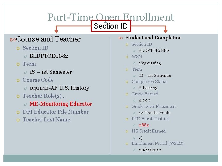 Part-Time Open Enrollment Section ID Course and Teacher Section ID BLDPTOE 0882 Term 1