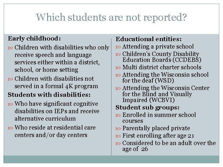 Which students are not reported? Early childhood: Children with disabilities who only receive speech