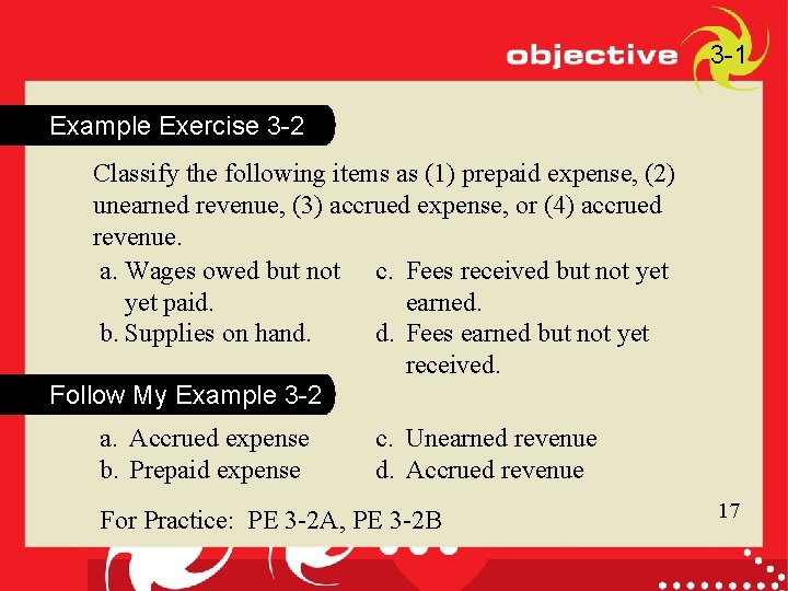 3 -1 Example Exercise 3 -2 Classify the following items as (1) prepaid expense,