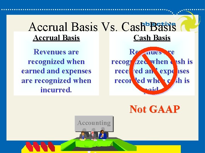 Accrual Basis Vs. Cash Basis Accrual Basis Cash Basis Revenues are recognized when earned