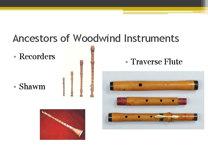 Ancestors of Woodwind Instruments • Recorders • Shawm • Traverse Flute 