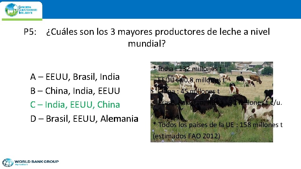 P 5: ¿Cuáles son los 3 mayores productores de leche a nivel mundial? A