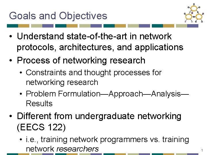 Goals and Objectives • Understand state-of-the-art in network protocols, architectures, and applications • Process