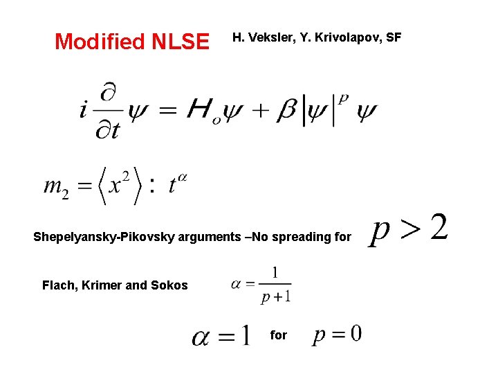Modified NLSE H. Veksler, Y. Krivolapov, SF Shepelyansky-Pikovsky arguments –No spreading for Flach, Krimer
