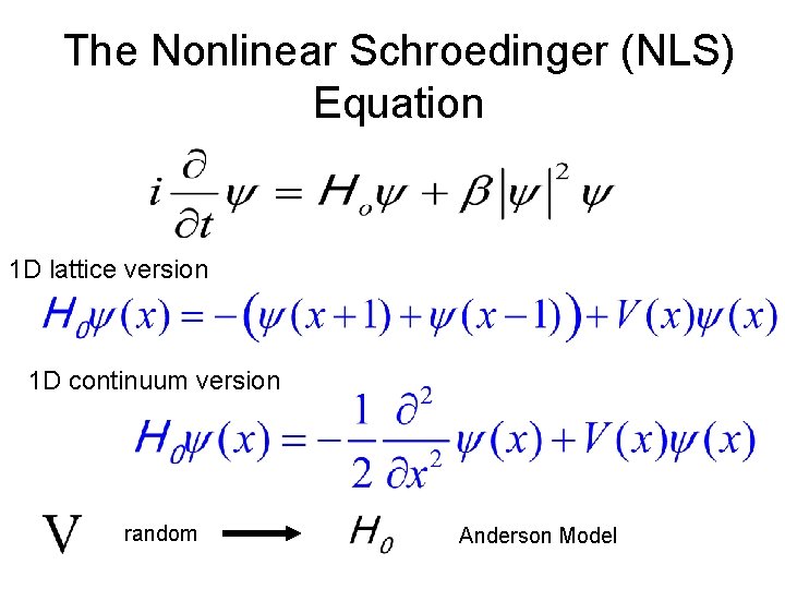 The Nonlinear Schroedinger (NLS) Equation 1 D lattice version 1 D continuum version random