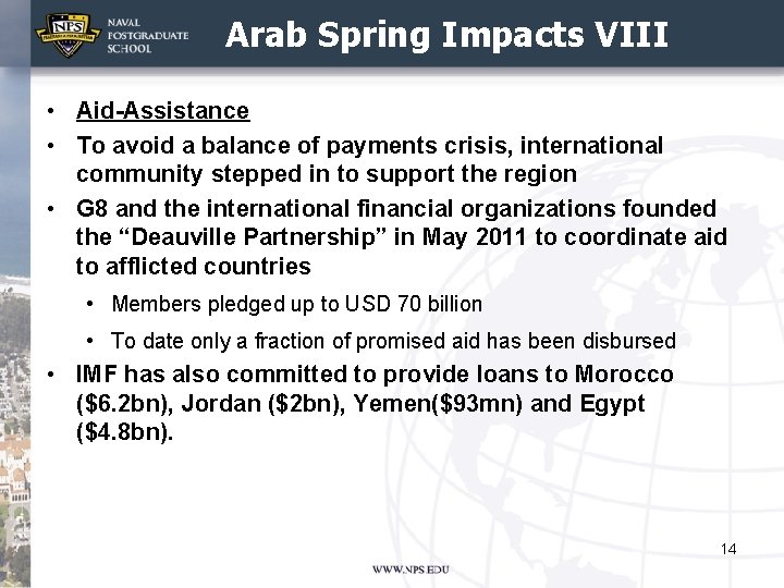 Arab Spring Impacts VIII • Aid-Assistance • To avoid a balance of payments crisis,