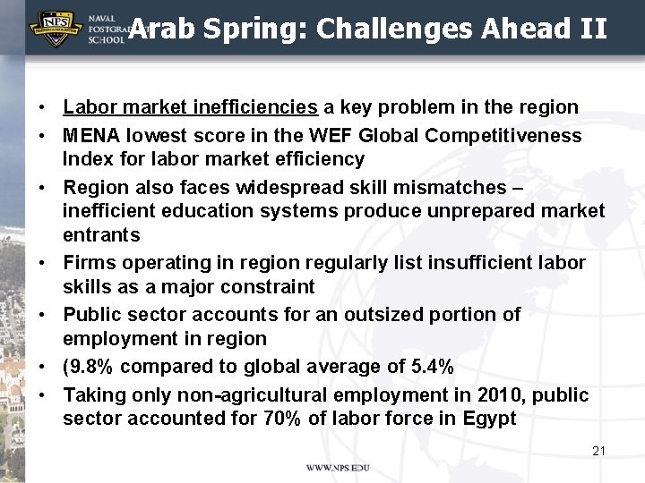 Arab Spring: Challenges Ahead II • Labor market inefficiencies a key problem in the