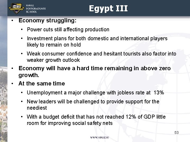 Egypt III • Economy struggling: • Power cuts still affecting production • Investment plans