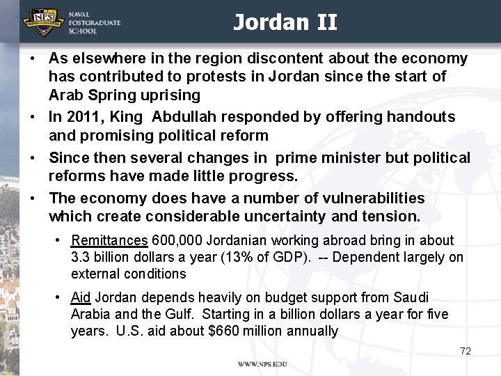 Jordan II • As elsewhere in the region discontent about the economy has contributed
