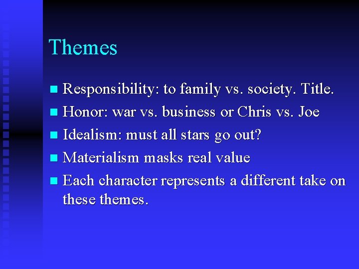 Themes Responsibility: to family vs. society. Title. n Honor: war vs. business or Chris