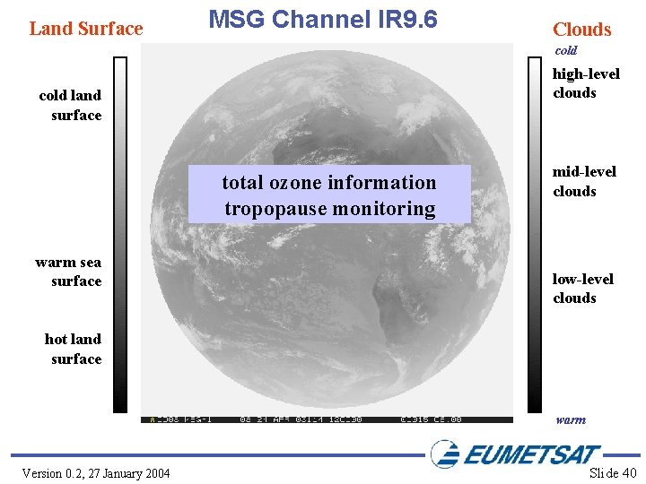 Land Surface MSG Channel IR 9. 6 Clouds cold high-level clouds cold land surface