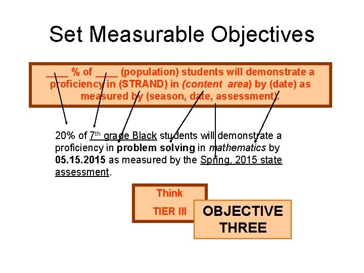 Set Measurable Objectives ____ % of ____ (population) students will demonstrate a proficiency in